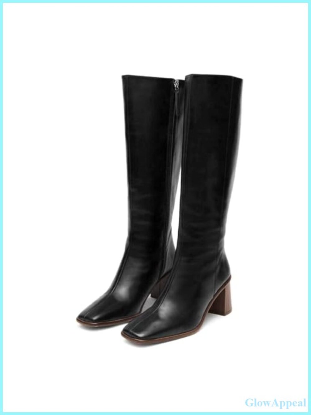 Faux Leather Knee High Boots Chunky Block Heel Square Toe Side Zip
